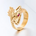 Retro golden stainless steel dragon ring for men with detailed scales and red zircon eye - US 7 / Gold
