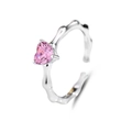 S925 sterling silver open ring with pink heart gemstone and bamboo texture design - Adjustable Open / White Gold / Pink Stone