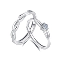 Anillos de pareja Mobius entrelazados de plata S925 con un brillante diamante de seis puntas - Abierto Ajustable / Plateado Pareja