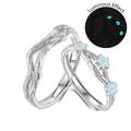 S925 sterling silver couple ring set with luminous blue flower and tree bark texture - Adjustable Open / FDJZ-352-Couple Pair