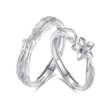 Anelli di coppia in argento S925 con trama corteccia e dettaglio floreale elegante - Aperto Regolabile / Coppia di Coppia