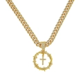 Hip hop gold Cuban chain necklace with iced out spiked crown and cross pendant - 50cm Cuban Chain / Gold Necklace (Thorn Ring Cross)