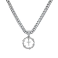 Macro shot of a silver hip-hop necklace with iced-out thorn crown and cross pendant detail - 50cm Cuban Chain / Silver Necklace (Thorn Ring Cross)