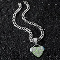 Iced-out Cuban chain necklace with heart-shaped headphone pendant and green EKG line - Heart Headphone Set / Silver