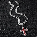 Hip hop silver Cuban chain with double-layered cross pendant and red square diamond centerpiece - Necklace Pendant Set / Silver