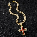 Hip hop gold Cuban chain with iced out cross pendant featuring a red center stone - Necklace Pendant Set / Gold