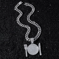 Collana hip hop da uomo con ciondolo piatto Everybody Eats e catena cubana lucida - Argento (Piatto Coltello Forchetta) Con Catena 50cm