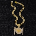 Collana cubana dorata hip hop con pendente Everybody Eats e posate in brillanti sintetici - Oro (Piatto Coltello Forchetta) Con Catena 50cm