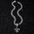 Hip hop silver Cuban link necklace with iced-out fleur-de-lis pendant and white diamonds - Silver Fleur-de-lis Necklace Set