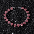 Sparkling silver chain bracelet with interconnected red rhinestone heart links and fold-over clasp - 8.5inch / Silver