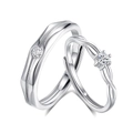 Adjustable S925 sterling silver couple rings with wave patterns and solitaire diamonds - Adjustable Open / Men's And Women's Styles (FDJZ-365)