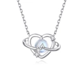 Collana a cuore in argento S925 con pietra di luna dai riflessi blu e zirconi - Cuore Pianeta Felice (FDXZ-258) / Oro Bianco