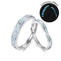 Bagues de couple en argent S925 avec motif plume bleue et effet lumineux nocturne - Ouvert Réglable / Paire de Couple
