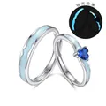 Leuchtende S925 Sterling Silber Partnerringe mit blauem Herzzirkon und Wellenmuster - Einstellbar Offen / Paar-Ringe (FDJZ-370)