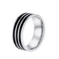 Bague en acier inoxydable argenté pour homme avec trois bandes noires en émail poli - Taille 5 / Style à trois Rayures Noires