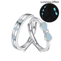 Luminous S925 sterling silver bow knot couple rings set with adjustable open design - Adjustable Open / Men and Women Styles / Silver with Luminous Light Blue