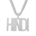 Hip-Hop Silberne Gliederkette mit vereistem HINDI-Buchstabenanhänger für Streetwear - HINDI Buchstaben Anhänger mit 50cm Panzerkette / Silber