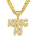 Macro detail of iced-out KING KO pendant with pavé-set crystals on gold Cuban link chain - Gold Letter With Cuban Chain