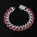 Close-up of 15mm silver cuban bracelet with red and white baguette-cut crystals - Silver (Red Rhinestone)