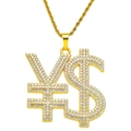 Detail der Hip-Hop Goldkette mit vereisten Dollar- und Yen-Symbol Anhängern - 0,3*60cm Edelstahl-Seilkette / Gold