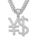 Collier hip hop avec pendentif signe Yen et Dollar et chaîne cubaine argentée sertie - Argent - Symbole Monétaire (Avec Chaîne Gourmette 50cm)