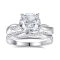 S925 sterling silver bridal ring set with round cut diamond and twisted pavé band - Size 5 / Cushion Twist Style (FDJZ-299) / White Gold