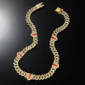 Hip hop gold Cuban link necklace with iced out rhinestones and red broken heart accents - 20 inch Necklace / Gold