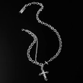 Double-layered stainless steel cross pendant necklace with rectangular tag and crystal detail - Silver Cross Necklace
