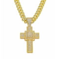 Macro view showing the multi-layered gold cross pendant with cubic zirconia stones - Cross Necklace Set / Gold Style (MY10-6622)