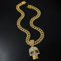 Hip hop skull pendant necklace in gold finish with sparkling pavé rhinestones - Gold Skull With 50cm Cuban Chain