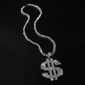 Hip-Hop-Dollarzeichen-Anhänger mit Kristallen und Tennis-Kette in glänzender Silber-Optik - Silber (Dollarzeichen) - Mit 50cm Einreihiger Strasskette