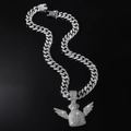 Hip hop ketting met met diamanten bezette dollar geldzak hanger en zilveren cubaanse link - Vliegende Geldzak Met Cubaanse Ketting / Zilver