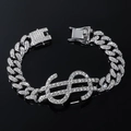 Bracciale a catena cubana d'argento con grande ciondolo a segno del dollaro con brillanti - Bracciale / Argento