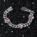 Bracciale a catena cubana con strass a cuore rosa e finitura argentata stile hip hop - Argento
