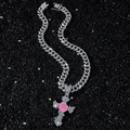 Collana hip hop argentata a catena con croce di diamanti e rosa rosa centrale - Argento (Croce Rosa) Con Catena Cubana