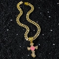 Catena cubana dorata hip hop con ciondolo a croce e rosa ghiacciata su fondo di pietre - Oro (Croce Rosa) Con Catena Cubana