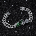 Hip hop silver iced out Cuban chain bracelet with St. Jude pendant and green enamel - Silver