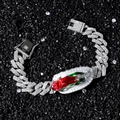 Hip hop silver Cuban link bracelet featuring iced-out rhinestones and religious Virgin Mary icon - Silver