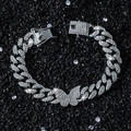 Bracciale cubano a farfalla hip hop con strass bianchi su sfondo di pietre nere opache - Argento