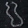 Collar de cadena cubana de 13mm para hombre con colgantes LOVE y cristales brillantes - Collar / 45cm / Plateado