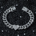Pulsera cubana estilo hip hop en plata con un brillante corazón de cristal al centro - Corazón Patchwork (Plateado) / Plateado