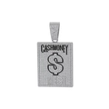 Macro detail van de zilveren rechthoekige hanger met tekst 'CASH MONEY' en dollarteken - Zilver Zwart Emaille Alleen Hanger