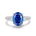 S925 sterling silver ring with large oval blue sapphire and split diamond band - Royal Blue (FDJZ-465)