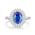 Luxurious S925 silver ring featuring an oval royal blue sapphire with halo baguette diamonds - Royal Blue (FDJZ-468)