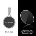 Detailed view of small round rhinestone pendant with custom photo slot and protective cover - Silver Small