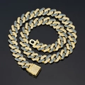 Detail of hip hop Cuban link chain with gold plating and blue sparkling rhinestones - Gold with Blue and White Rhinestones (Flip Clasp)