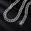 Close-up of silver Cuban link chain with crystals and secure double-sided box clasp - 50cm / Silver