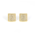 Detailed view of square gold hiphop stud earrings with micro-paved white zircons - One Pair / Gold