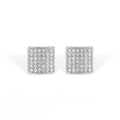 Macro shot of square hip hop earrings with white crystals in polished silver-tone metal - One Pair / Silver