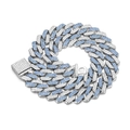 Macro shot of silver Cuban link necklace with white and sky blue rhinestones and box clasp - Silver with Blue and White Rhinestones (Flip Clasp)